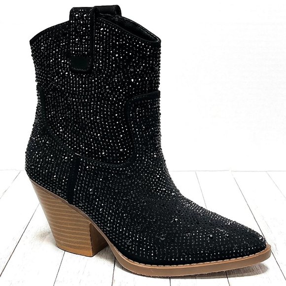 New Black Rhinestone Cowboy Ankle Boots Western Booties - Picture 4 of 8
